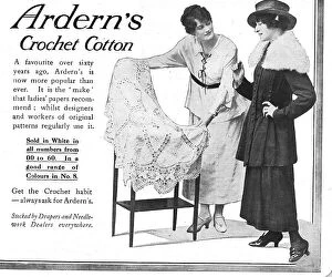 Fabric Collection: Two models discussing a fabric held out by the draper. Advert for Arden's Crochet Cotton. Date: 1918