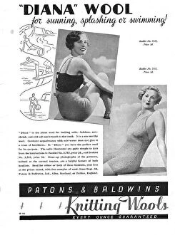 New Images July 2023 Collection: Two models and line illustrations showing knitted wool swimsuts Date: 1935