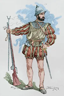 Hook Collection: Modern era. Arquebusier. Engraving. Museo Militar, 1883