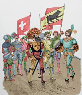 Banner Collection: Modern era. Mercenary soldiers: Swiss. Engraving