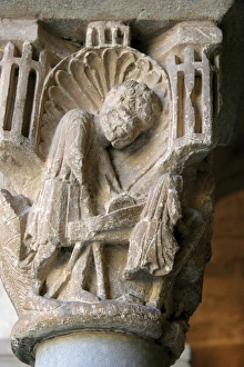 Monastery of Sant Cugat. Capital depicting a carpenter. Cata Monastery of Sant Cugat. Capital depicting a carpenter. Cata