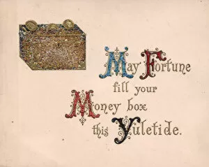 Money box and coins on a Christmas card