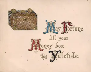 Yuletide Prints: Money box and coins on a Christmas card