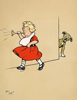 Emanuel Prints: Mongrel puppy watching a little boy blowing a toy trumpet