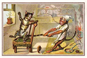 Monkey pulling a cats tail on a Christmas card