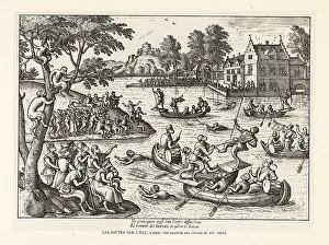 Apes Prints: Monkeys on boats competing in a water joust, 16th century