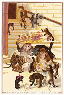 Bouquets Collection: Monkeys bringing gifts to a kitten on a Christmas card