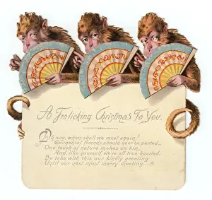 Fans Prints: Three monkeys with fans on a cutout Christmas card