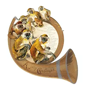 Six monkeys on a horn-shaped Christmas card