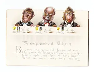Napkin Prints: Three monkeys with moveable heads on a Christmas card