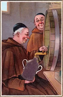 Two monks with barrel on a comic German greetings card