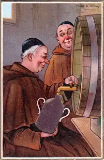 Two monks with barrel on a comic German greetings card