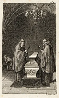 Rosary Prints: Two monks praying next to Elise's coffin in a church vault