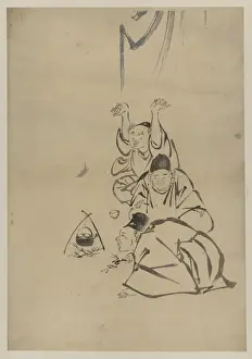 Tea Pot Prints: Three monks or travelers lighting a fire beneath a teapot