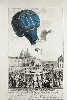 Court Yard Prints: Montgolfier brothers. Trying a balloon boarded