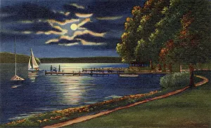 Geneva Prints: Moonlight on Lake Geneva, Williams Bay, Wisconsin, USA Date: 1936
