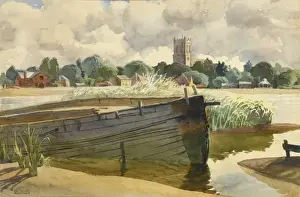 Moored boat and Christchurch Priory, Dorset