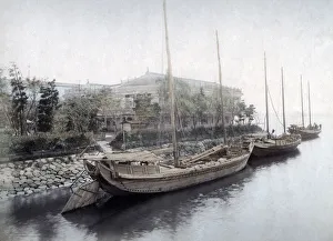 Moored sailing ships, junks, Kanagawa Japan, c. 1880 s