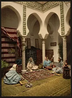 Carpets Prints: Moorish women making Arab carpets, Algiers, Algeria