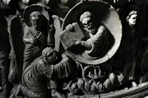 Moses receives the Law. Baptismal font. 12th century. Basili