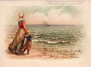 Mother and child watching a ship on a New Year card