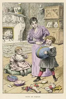 Greedy Prints: Mother and children with Easter eggs and toys