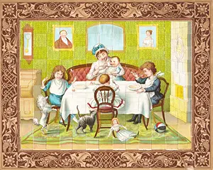Mealtime Prints: Mother and children on a jigsaw puzzle