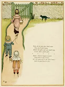 Mother and children walking down garden path