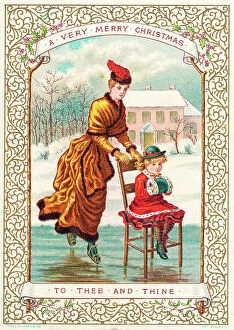 Mother and daughter skating on a Christmas card