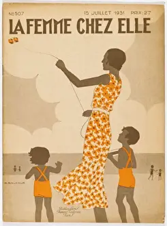 Mother Flies Kite with Children