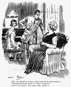 Knitter Prints: Mother knitting during WW1, cartoon