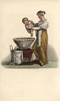 Pitcher Collection: Mother putting her baby into a bath