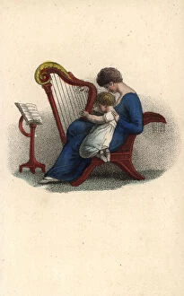 Amour Gallery: Mother teaching her child to play the harp in a music lesson