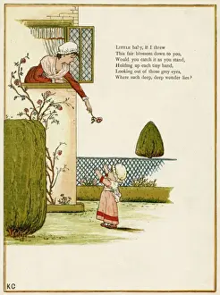 Topiary Prints: Mother throws a flower down to her toddler
