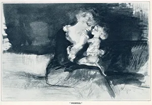 Affection Prints: A mother whispers into her child's ear while sitting on her lap. Date: 1933