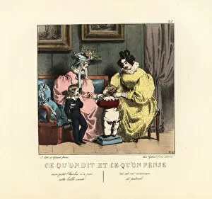 Two mothers in a parlor with their sons, 19th century