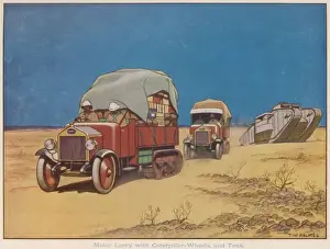 Motor lorry with caterpillar wheels and tank