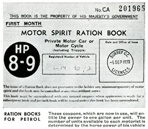 Images Dated 16th July 2019: Motor spirit ration book front cover, September 1939