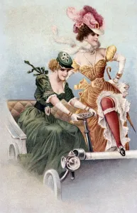Moulin Prints: Moulin Rouge showgirls posing in an old fashioned car