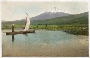 Fuji Prints: Mount Fuji, Japan - A small sailing boat crosses wetlands