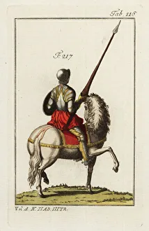 Squire Prints: Mounted equerry in full armor with lance, shield and helmet