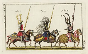 Joust Prints: Three mounted knights in armor for different tournaments