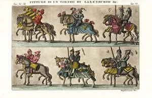 Pittoresque Gallery: Mounted knights in armour in a procession, 15thC tournament