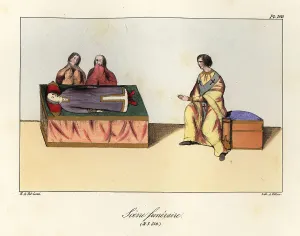 9th Century Prints: Two mourners praying over a dead body on a bier with a priest, 9