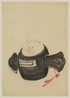 Mouse, facing front, sitting on a mallet with red ribbon thr