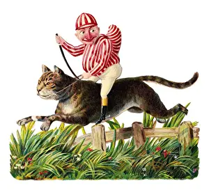 Humpback Prints: Mr Punch as jockey riding a cat on a Victorian scrap