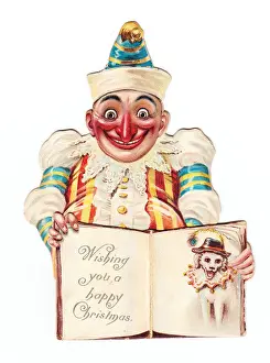 Mr Punch with an open book on a cutout Christmas card