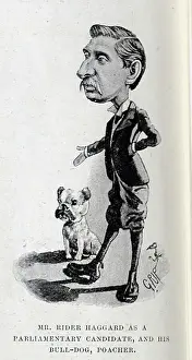 Poacher Prints: Mr Rider Haggard and dog, caricature illustration by Grip