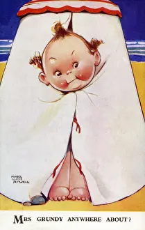 Beachwear Prints: Mrs Grundy anywhere about? - A young girl checks before emerging from a beach tent
