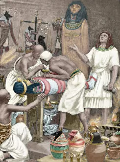 Mummification. Anciet Egypt. Engraving. 19th century. Colore